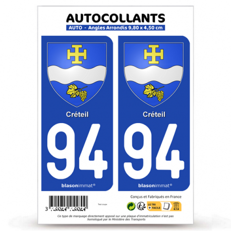 2 Autocollants plaque immatriculation 94 Créteil - Armoiries