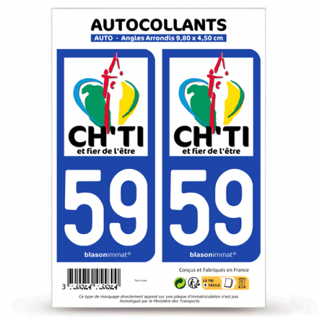 2 Autocollants plaque immatriculation 59 Ch'ti, Chti Chtimi