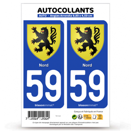 2 Autocollants plaque immatriculation 59 Nord - Armoiries