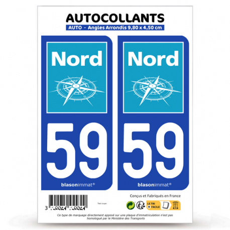 2 Autocollants plaque immatriculation 59 Nord - Département