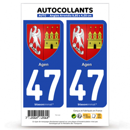 2 Autocollants plaque immatriculation 47 Agen - Armoiries