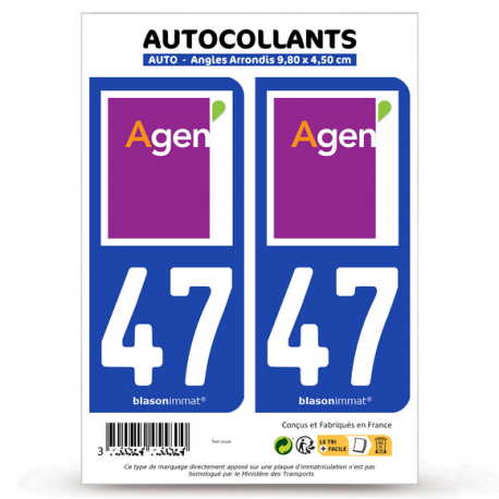 2 Autocollants plaque immatriculation 47 Agen - Ville