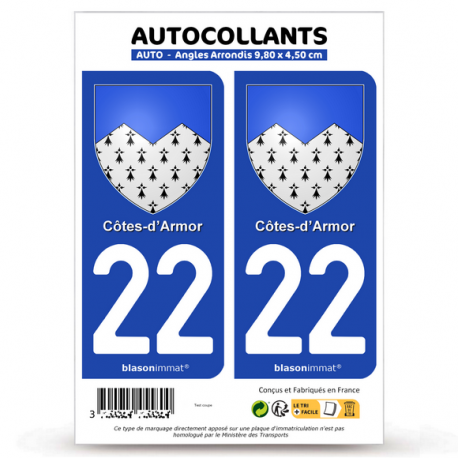 2 Autocollants plaque immatriculation 22 Côtes-d'Armor - Armoiries