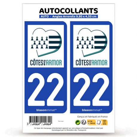 2 Autocollants plaque immatriculation 22 Côtes-d'Armor - Karantez