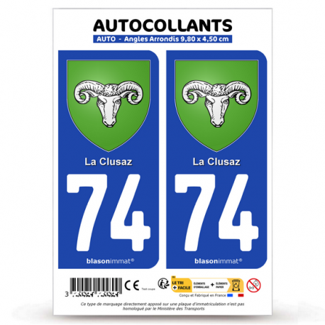 2 Autocollants plaque immatriculation 74 La Clusaz - Armoiries