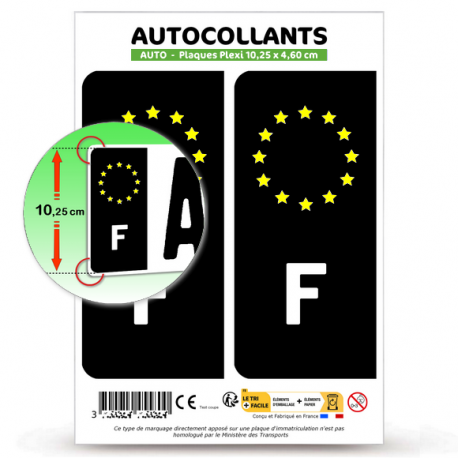 2 Autocollants plaque immatriculation F France - Fond Noir et Etoiles Jaunes