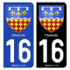 Autocollant plaque d'immatriculation 16 Charente - Armoiries