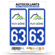 Autocollant plaque immatriculation 63 Puy-de-Dôme - Département