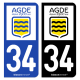 Autocollant plaque immatriculation 34 Agde - Commune
