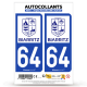 2 Autocollants plaque immatriculation Auto 64 Biarritz - Ville