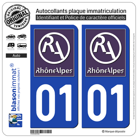 Jeu de 2 Stickers pour plaques d'immatriculation auto - Modèle : 01 Rhône-Alpes - LogoType II