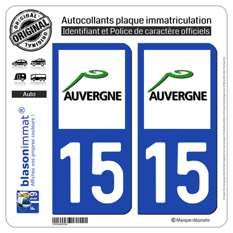 Jeu de 2 Stickers pour plaques d'immatriculation auto - Modèle : 15 Auvergne - LogoType