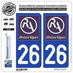 Jeu de 2 Stickers pour plaques d'immatriculation auto - Modèle : 26 Rhône-Alpes - LogoType II