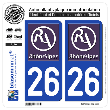 Jeu de 2 Stickers pour plaques d'immatriculation auto - Modèle : 26 Rhône-Alpes - LogoType II