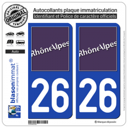 Jeu de 2 Stickers pour plaques d'immatriculation auto - Modèle : 26 Rhône-Alpes - LogoType