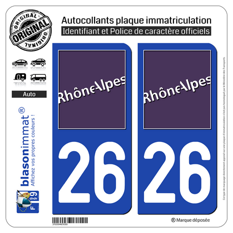 Jeu de 2 Stickers pour plaques d'immatriculation auto - Modèle : 26 Rhône-Alpes - LogoType