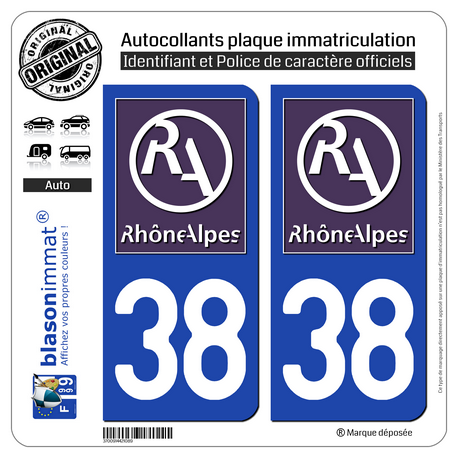 Jeu de 2 Stickers pour plaques d'immatriculation auto - Modèle : 38 Rhône-Alpes - LogoType II