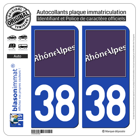 Jeu de 2 Stickers pour plaques d'immatriculation auto - Modèle : 38 Rhône-Alpes - LogoType
