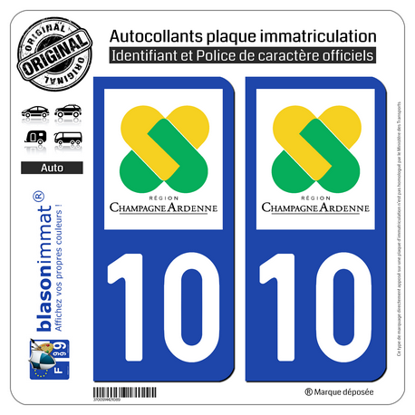 Jeu de 2 Stickers pour plaques d'immatriculation auto - Modèle : 10 Champagne-Ardenne - LogoType