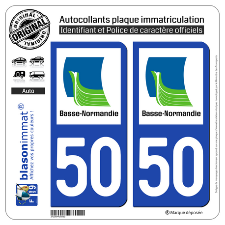 Jeu de 2 Stickers pour plaques d'immatriculation auto - Modèle : 50 Basse-Normandie - LogoType