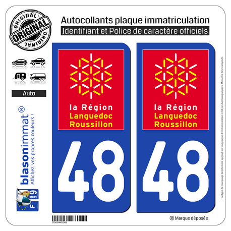Jeu de 2 Stickers pour plaques d'immatriculation auto - Modèle : 48 Languedoc-Roussillon - LogoType