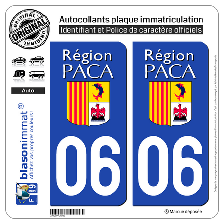 Jeu de 2 Stickers pour plaques d'immatriculation auto - Modèle : 06 PACA - LogoType
