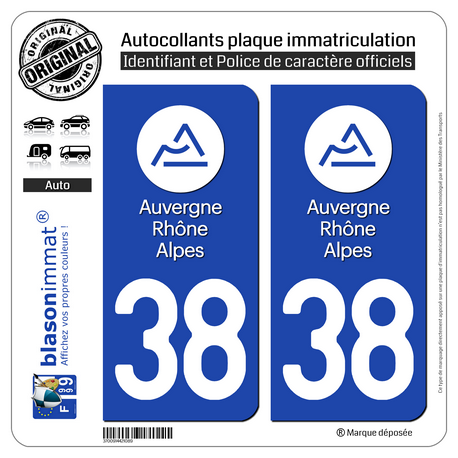 Autocollant plaque immatriculation 38 Auvergne-Rhône-Alpes - LogoType