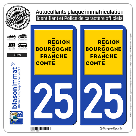 2 Autocollants plaque immatriculation auto 25 Bourgogne-Franche-Comté - LogoType