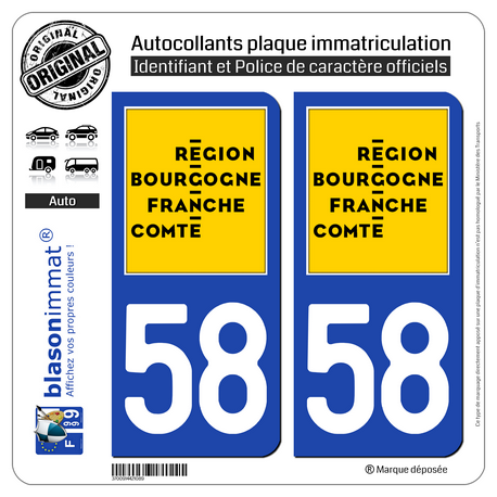2 Autocollants plaque immatriculation auto 58 Bourgogne-Franche-Comté - LogoType