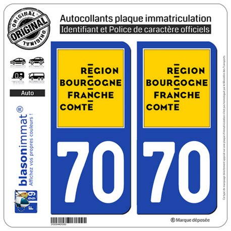 2 Autocollants plaque immatriculation auto 70 Bourgogne-Franche-Comté - LogoType