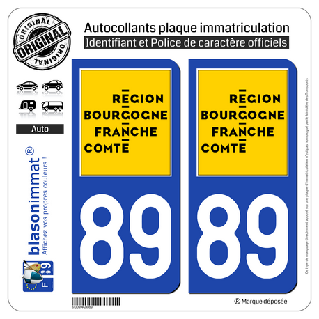 2 Autocollants plaque immatriculation auto 89 Bourgogne-Franche-Comté - LogoType