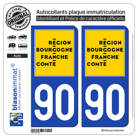 2 Autocollants plaque immatriculation auto 90 Bourgogne-Franche-Comté - LogoType