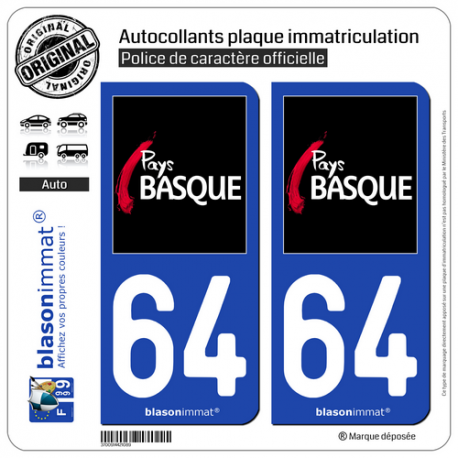 2 Stickers de plaque d'immatriculation auto 64 Pays Basque - Tourisme