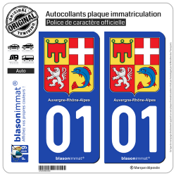 2 Autocollants plaque imatriculation Auto 01 Auvergne-Rhône-Alpes - Armoiries