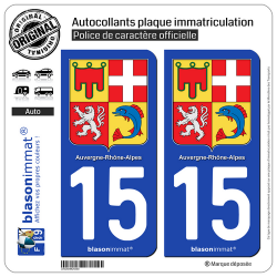 2 Autocollants plaque immatriculation Auto 15 Auvergne-Rhône-Alpes - Armoiries