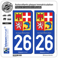 2 Autocollants plaque immatriculation Auto 26 Auvergne-Rhône-Alpes - Armoiries