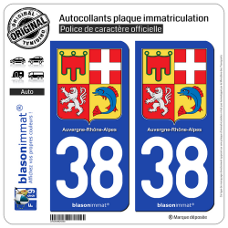 2 Autocollants plaque immatriculation Auto 38 Auvergne-Rhône-Alpes - Armoiries