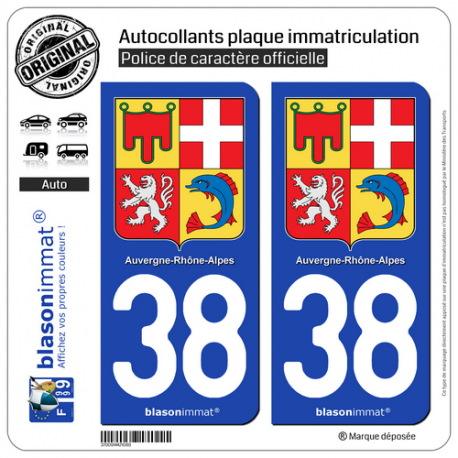 2 Autocollants plaque d'immatriculation auto 38 Auvergne-Rhône-Alpes - Armoiries