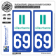 Jeu de 2 Stickers pour plaques d'immatriculation auto - Modèle : 69 Villeurbanne - Ville
