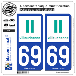 Jeu de 2 Stickers pour plaques d'immatriculation auto - Modèle : 69 Villeurbanne - Ville