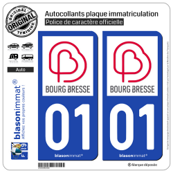 2 Autocollants plaque imatriculation Auto 01 Bourg-en-Bresse - Agglo