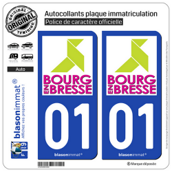2 Autocollants plaque immatriculation Auto 01 Bourg-en-Bresse - Tourisme