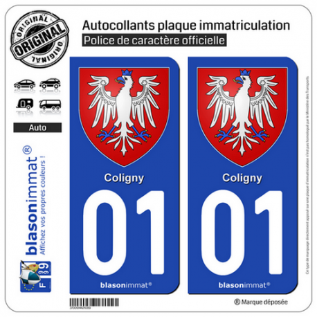 2 Autocollants plaque immatriculation Auto 01 Coligny - Armoiries