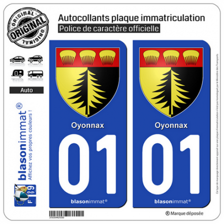 2 Autocollants plaque immatriculation Auto 01 Oyonnax - Armoiries