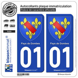 2 Autocollants plaque immatriculation Auto 01 Pays de Dombes - Armoiries