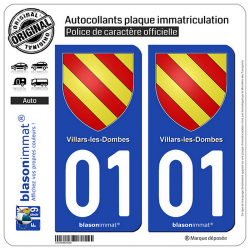 2 Autocollants plaque immatriculation Auto 01 Villars-les-Dombes - Armoiries