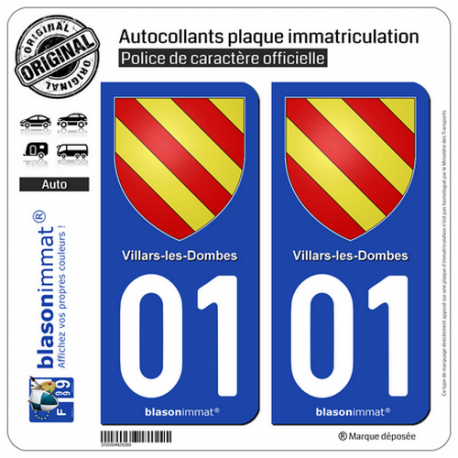 2 Autocollants plaque immatriculation Auto 01 Villars-les-Dombes - Armoiries