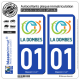 2 Autocollants plaque immatriculation Auto 01 Villars-les-Dombes - Agglo