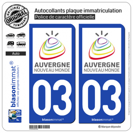 2 Autocollants plaque immatriculation Auto 03 Auvergne - Tourisme