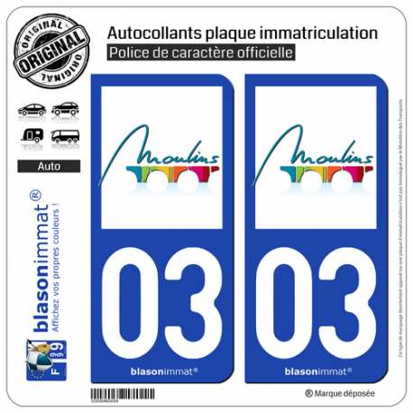 2 Autocollants plaque immatriculation Auto 03 Moulins - Ville